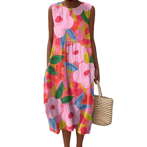 Mfhmom Musselin Kleid Damen Leicht und Luftig Leinen Sommerkleid Ärmellos Rundhals Strandkleid Casual Knielang Midikleid Vintage Blumendruck Baumwolle Falten Leinenkleid Freizeitkleid Mit Taschen von Mfhmom