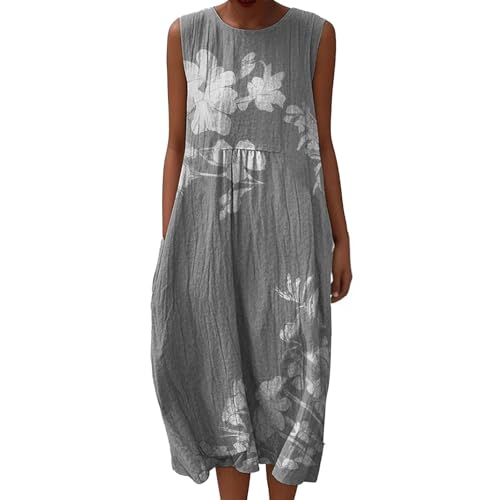 Mfhmom Musselin Kleid Damen Sommer Ärmellos Strandkleid Leinen Sommerkleid Rundhals Casual Leinenkleid Vintage Blumendruck Freizeitkleid Leicht Locker Luftig Midikleid mit Taschen von Mfhmom