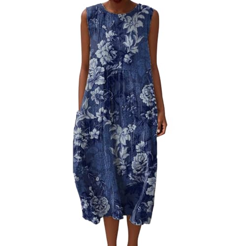 Mfhmom Musselin Kleid Damen Sommer Ärmellos Strandkleid Leinen Sommerkleid Rundhals Casual Leinenkleid Vintage Blumendruck Freizeitkleid Leicht Locker Luftig Midikleid mit Taschen von Mfhmom