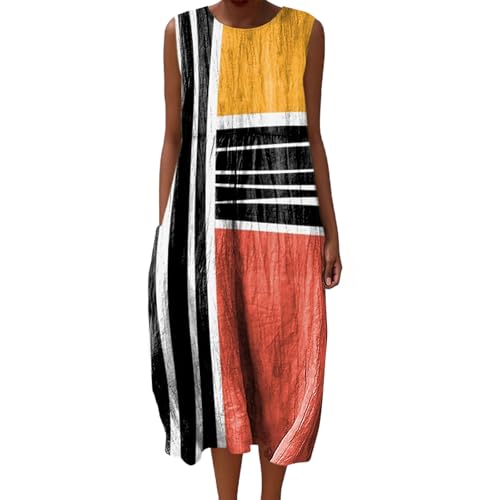 Mfhmom Musselin Kleid Damen Sommer Ärmellos Strandkleid Leinen Sommerkleid Rundhals Casual Leinenkleid Vintage Blumendruck Freizeitkleid Leicht Locker Luftig Midikleid mit Taschen von Mfhmom