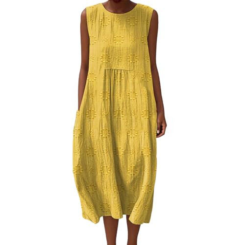 Mfhmom Musselin Kleid Damen Sommer Ärmellos Strandkleid Leinen Sommerkleid Rundhals Casual Leinenkleid Vintage Blumendruck Freizeitkleid Leicht Locker Luftig Midikleid mit Taschen von Mfhmom