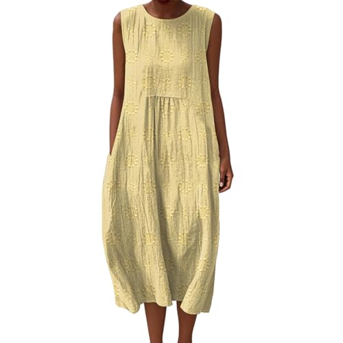 Mfhmom Musselin Kleid Damen Sommer Ärmellos Strandkleid Leinen Sommerkleid Rundhals Casual Leinenkleid Vintage Blumendruck Freizeitkleid Leicht Locker Luftig Midikleid mit Taschen von Mfhmom