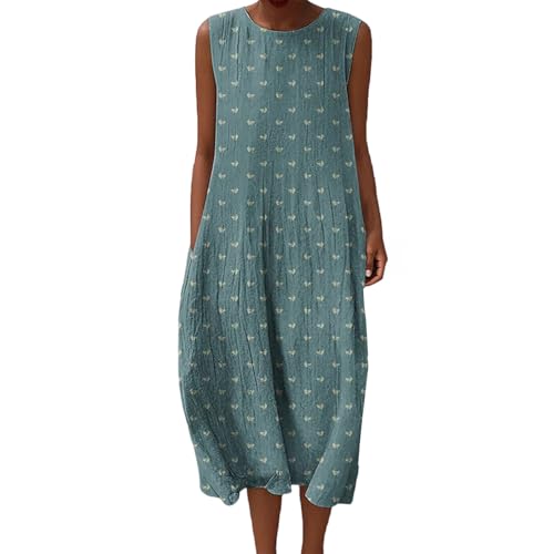 Mfhmom Musselin Kleid Damen Sommer Ärmellos Strandkleid Leinen Sommerkleid Rundhals Casual Leinenkleid Vintage Blumendruck Freizeitkleid Leicht Locker Luftig Midikleid mit Taschen von Mfhmom