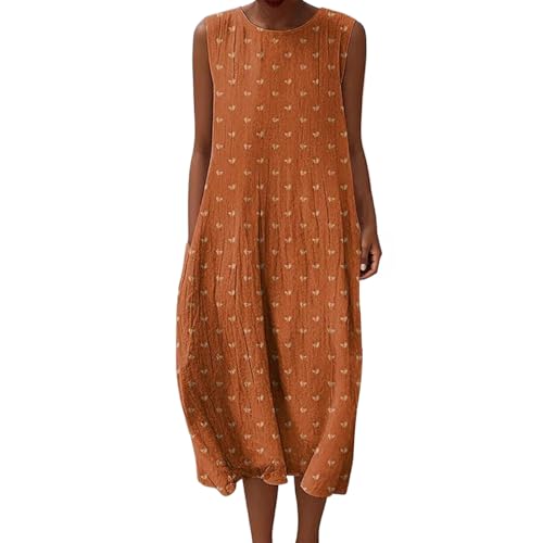 Mfhmom Musselin Kleid Damen Sommer Ärmellos Strandkleid Leinen Sommerkleid Rundhals Casual Leinenkleid Vintage Blumendruck Freizeitkleid Leicht Locker Luftig Midikleid mit Taschen von Mfhmom