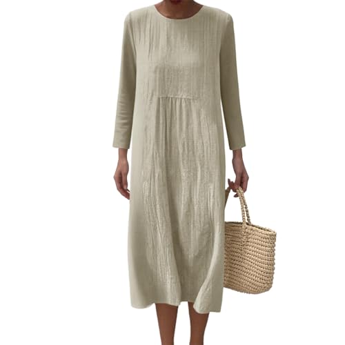 Mfhmom Musselin Sommerkleider Damen Leinenkleid Langärmlig Vintage mit Taschen Maxikleid Rundhals Tunika Lässiges Elegantes Boho Kleid Knielang Atmungsaktives Strandkleid Luftig Übergröße Blusenkleid von Mfhmom