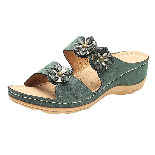 Mfhmom Orthopädische Hausschuhe Damen Sommer Sandalen Offene Zehe Mode Orthopädische Sommerschuhe mit Keilabsatz Bequeme Plateau Hausschuhe Rutschfeste Schuhe Strand Slingback Slippers Meer Pool, Grün von Mfhmom