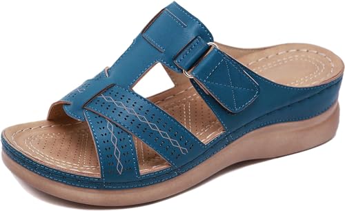 Mfhmom Orthopädische Hausschuhe für Damen, leicht, bequem, offene Zehen, Plateau-Sandalen, Sommer-Clogs, Strand, Pool, Kreuzschuhe, rutschfest, rutschfeste Sohle, Schuhe, blau, 36 EU von Mfhmom