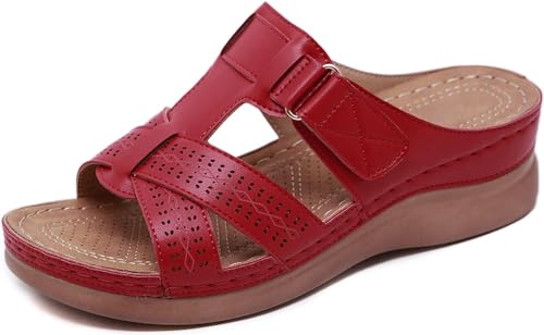 Mfhmom Orthopädische Hausschuhe für Damen, leicht, bequem, offene Zehen, Plateau-Sandalen, Sommer-Clogs, Strand, Pool, Kreuzschuhe, rutschfest, rutschfeste Sohle, Schuhe, rot, 37 EU von Mfhmom