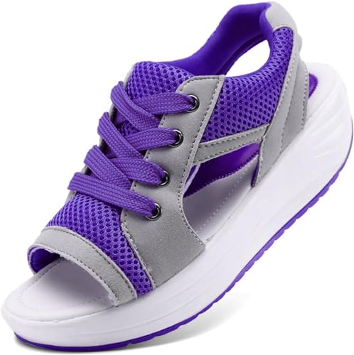 Mfhmom Sandalen Damen Sommer Bequeme Orthopädische Offene Zehe Wanderschuhe Damen Sommer Waschbare Schuhe Sportsandalen Keilabsatz Schuhe Wipping Turnschuhe Schnürsandalen, violett, 37 EU von Mfhmom