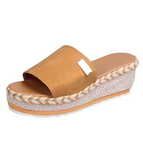 Mfhmom Sandalen mit Keilabsatz für Damen, Sommer, elegant, niedrig, Bohemia, lässig, hohe Espadrilles, bequeme Sandalen, Plateau-Sandalen mit offenem Absatz, Keilabsatz, Plateau Slippers, gelb, 38 EU von Mfhmom