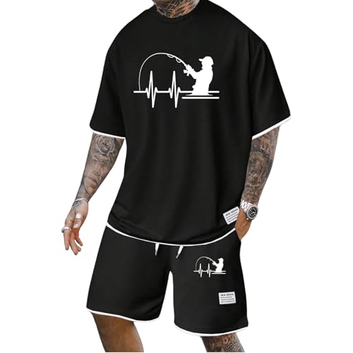 Mfhmom Sommer Outfit Herren 2 Teiler Trainingsanzug mit Liebe Angeln Motiv Zweiteiler Sportanzug Kurze Hose + Kurzarm T Shirt Sets Jogginganzug Freizeitanzug Casual Sport Strand Tracksuit Set von Mfhmom