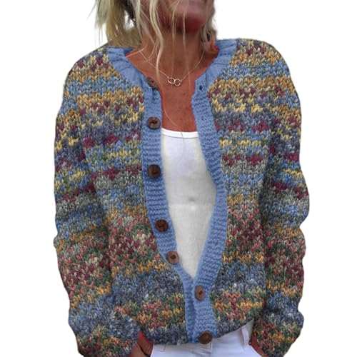 Mfhmom Strickjacke Damen Elegant Kurz 3D Digital Drucken Strickcardigan Langarm V-Ausschnitt Strickjacken mit Knopfleiste Leichte Übergröße Strickmantel ohne Taschen für Herbst Winter Strickpullover von Mfhmom