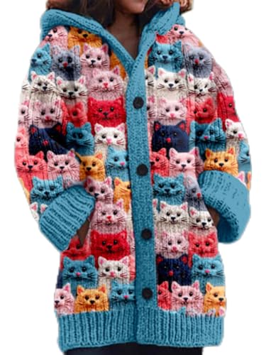 Mfhmom Strickjacke Damen Winter Weihnachtes Steppjacke Grobstrick mit Kapuze Cardigan 3D+Digital Bedruckte Sweaterjacke Alpaka Lang Strickpullover Kapuzenjacke Sweatshirt Warm Grobstrickpullover von Mfhmom