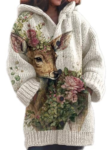 Mfhmom Strickjacke Damen Winter Weihnachtes Steppjacke Grobstrick mit Kapuze Cardigan 3D+Digital Bedruckte Sweaterjacke Alpaka Lang Strickpullover Kapuzenjacke Sweatshirt Warm Grobstrickpullover von Mfhmom