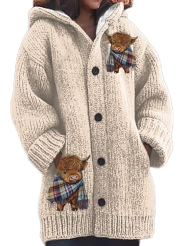 Mfhmom Strickjacke Damen Winter Weihnachtes Steppjacke Grobstrick mit Kapuze Cardigan 3D+Digital Bedruckte Sweaterjacke Alpaka Lang Strickpullover Kapuzenjacke Sweatshirt Warm Grobstrickpullover von Mfhmom