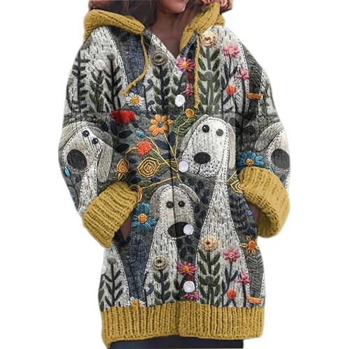 Mfhmom Strickjacke Damen Winter mit Kapuze Cardigan Sweaters Weihnachtes Warm Sweatshirt Steppjacke Grobstrick 3D Digital Bedruckte Sweaterjacke Alpaka Langarm Knöpfen Strickpullover Kapuzenjacke von Mfhmom