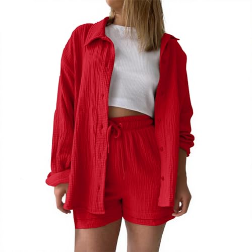 Mfhmom Summer Outfit Zweiteiler Damen Musselin Bluse Set, Elegant Leinen Blusehemd und Shorts Freizeitanzug 2 Teiler Lounge Sets Y2K Clothes Baumwolle Sportanzug Langarm/Kurzarm Hausanzug von Mfhmom
