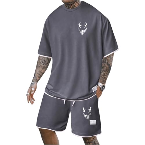 Mfhmom Trainingsanzug Herren Sommer Outfit Kurzarm T Shirt + Kurze Hose mit Taschen Horrible Bedruckte Hausanzug 2-Teilig Kurzärmliges Sommeranzug Sporthose Jogginganzug für Urlaub Strand Alltag von Mfhmom