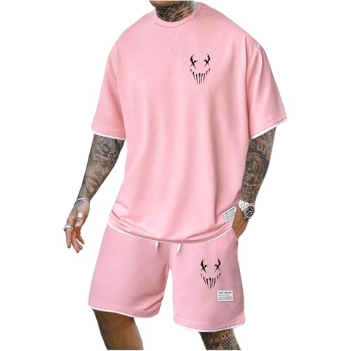 Mfhmom Trainingsanzug Herren Sommer Outfit Kurzarm T Shirt + Kurze Hose mit Taschen Horrible Bedruckte Hausanzug 2-Teilig Kurzärmliges Sommeranzug Sporthose Jogginganzug für Urlaub Strand Alltag von Mfhmom