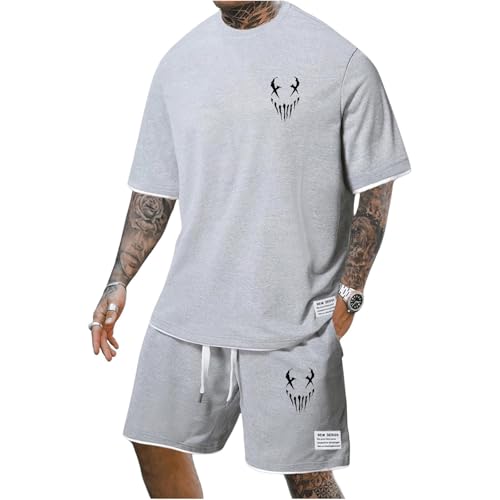 Mfhmom Trainingsanzug Herren Sommer Outfit Kurzarm T Shirt + Kurze Hose mit Taschen Horrible Bedruckte Hausanzug 2-Teilig Kurzärmliges Sommeranzug Sporthose Jogginganzug für Urlaub Strand Alltag von Mfhmom