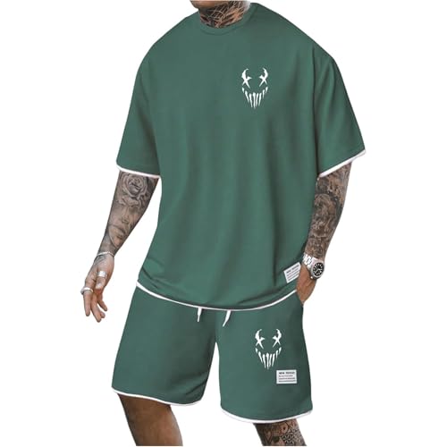 Mfhmom Trainingsanzug Herren Sommer Outfit Kurzarm T Shirt + Kurze Hose mit Taschen Horrible Bedruckte Hausanzug 2-Teilig Kurzärmliges Sommeranzug Sporthose Jogginganzug für Urlaub Strand Alltag von Mfhmom