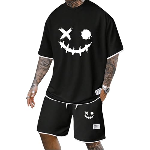 Mfhmom Trainingsanzug Herren Sommer Outfit Kurzarm T Shirt + Kurze Hose mit Taschen Horrible Bedruckte Hausanzug 2-Teilig Kurzärmliges Sommeranzug Sporthose Jogginganzug für Urlaub Strand Alltag von Mfhmom