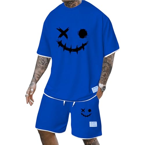 Mfhmom Trainingsanzug Herren Sommer Outfit Kurzarm T Shirt + Kurze Hose mit Taschen Horrible Bedruckte Hausanzug 2-Teilig Kurzärmliges Sommeranzug Sporthose Jogginganzug für Urlaub Strand Alltag von Mfhmom