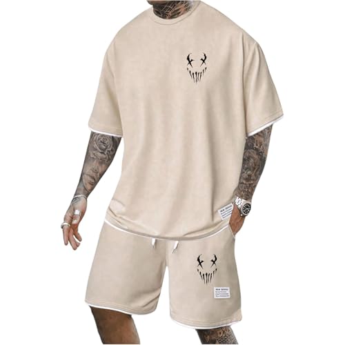 Mfhmom Trainingsanzug Herren Sommer Outfit Kurzarm T Shirt + Kurze Hose mit Taschen Horrible Bedruckte Hausanzug 2-Teilig Kurzärmliges Sommeranzug Sporthose Jogginganzug für Urlaub Strand Alltag von Mfhmom