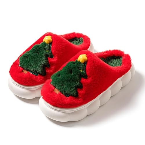 Mfhmom Weihnachts Hausschuhe Damen Herren Rentier Hausschuhe Plüsch Hausschuhe Winter Plüsch Rutschfest Chlappen Cozy Warme Slippers Flache Slippers Xmas Hüttenschuhe Heimschuhe(U01 Rot,44/45 EU) von Mfhmom