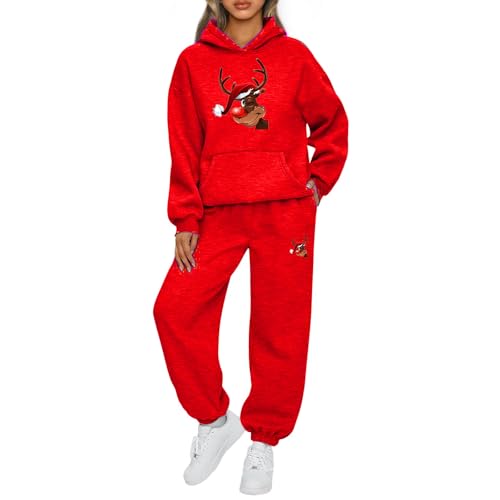 Mfhmom Weihnachts Jogginganzug Damen Lustige Zweiteiler Ugly Reindeer Grafik Trainingsanzug Set Kapuzenpullover + Sporthose Tracksuit Damen Xmas Training Sportanzug Set Stilvoller Activewear Anzug von Mfhmom