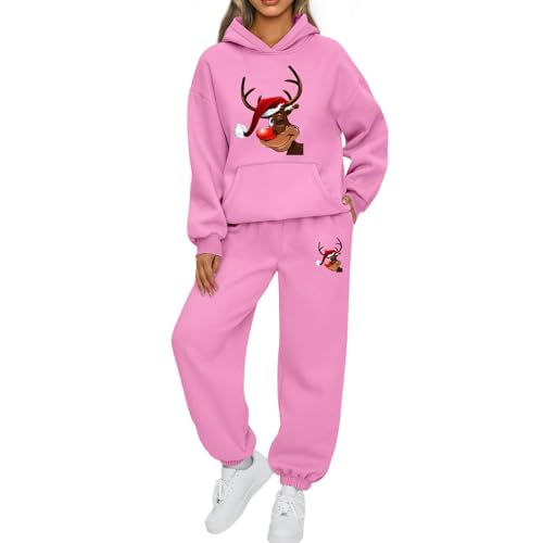 Mfhmom Weihnachts Jogginganzug Damen Lustige Zweiteiler Ugly Reindeer Grafik Trainingsanzug Set Kapuzenpullover + Sporthose Tracksuit Damen Xmas Training Sportanzug Set Stilvoller Activewear Anzug von Mfhmom