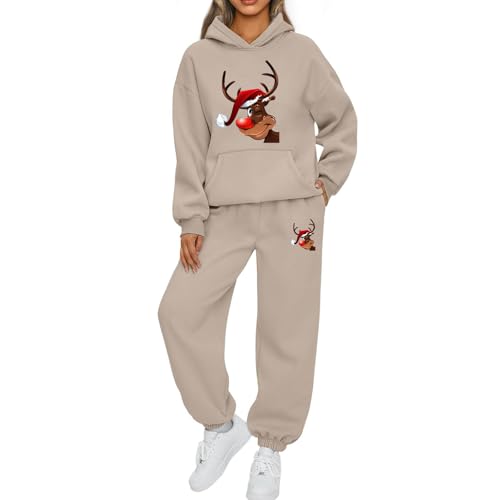 Mfhmom Weihnachts Jogginganzug Damen Lustige Zweiteiler Ugly Reindeer Grafik Trainingsanzug Set Kapuzenpullover + Sporthose Tracksuit Damen Xmas Training Sportanzug Set Stilvoller Activewear Anzug von Mfhmom