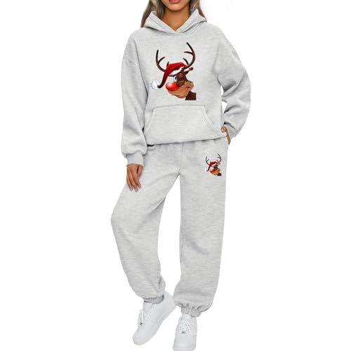 Mfhmom Weihnachts Jogginganzug Damen Lustige Zweiteiler Ugly Reindeer Grafik Trainingsanzug Set Kapuzenpullover + Sporthose Tracksuit Damen Xmas Training Sportanzug Set Stilvoller Activewear Anzug von Mfhmom