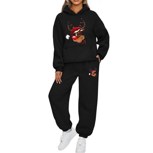 Mfhmom Weihnachts Jogginganzug Damen Lustige Zweiteiler Ugly Reindeer Grafik Trainingsanzug Set Kapuzenpullover + Sporthose Tracksuit Damen Xmas Training Sportanzug Set Stilvoller Activewear Anzug von Mfhmom
