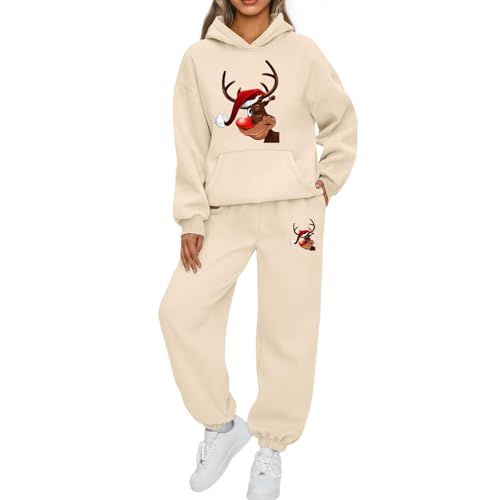 Mfhmom Weihnachts Jogginganzug Damen Lustige Zweiteiler Ugly Reindeer Grafik Trainingsanzug Set Kapuzenpullover + Sporthose Tracksuit Damen Xmas Training Sportanzug Set Stilvoller Activewear Anzug von Mfhmom