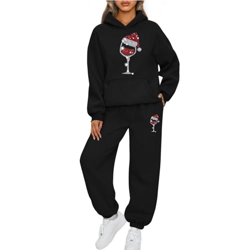 Mfhmom Weihnachts Jogginganzug Damen Oversized Glänzende Rotweinglas Drucken Trainingsanzug Xmas 2-Teiliges Baumwolle Kapuzenpullover Baggy Jogginghose Sportanzug Set Stilvoller Hoodie Tracksuit Set von Mfhmom