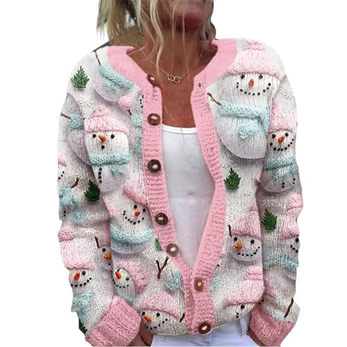 Mfhmom Weihnachtspullover Damen Strickjacke Herbst Winter Ugly Christmas Sweater Strickcardigan mit Knopfleiste 3D Digital Bedruckt Pullover Frauen Langarm Gemustert Warm Strickpullover von Mfhmom