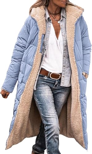Mfhmom Wintermäntel Damen Lang Auf Beiden Pufferjacken Warmer Kapuzenmantel Herbstmäntel Winterjacke Casual Steppmantel mit Kapuze Frauen Oberbekleidung Outdoorjacke Steppjacke von Mfhmom