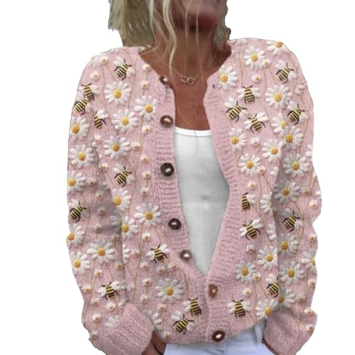 Mfhmom Women's Ugly Pullover Sweaters, Weihnachtes Steppjacke Cute Christmas Front Button Sweaterjacke Cardigan 3D Digital Bedruckte Mantel Jacke Frauen Herbst und Winter Strickjacke Damen von Mfhmom