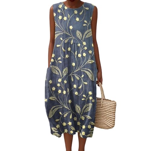 Musselin Kleid Damen Leinen Sommerkleid Leicht und Luftig Knielang Strandkleid Casual Ärmellos Rundhals Leinenkleid Retro Blumendruck Leinen Midikleid Locker A-Linie Freizeitkleid mit Taschen von Mfhmom