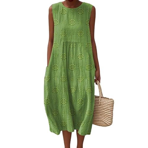 Musselin Kleid Damen Leinen Sommerkleid Leicht und Luftig Knielang Strandkleid Casual Ärmellos Rundhals Leinenkleid Retro Blumendruck Leinen Midikleid Locker A-Linie Freizeitkleid mit Taschen von Mfhmom