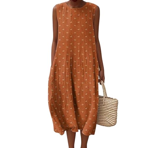 Musselin Kleid Damen Leinen Sommerkleid Leicht und Luftig Knielang Strandkleid Casual Ärmellos Rundhals Leinenkleid Retro Blumendruck Leinen Midikleid Locker A-Linie Freizeitkleid mit Taschen von Mfhmom