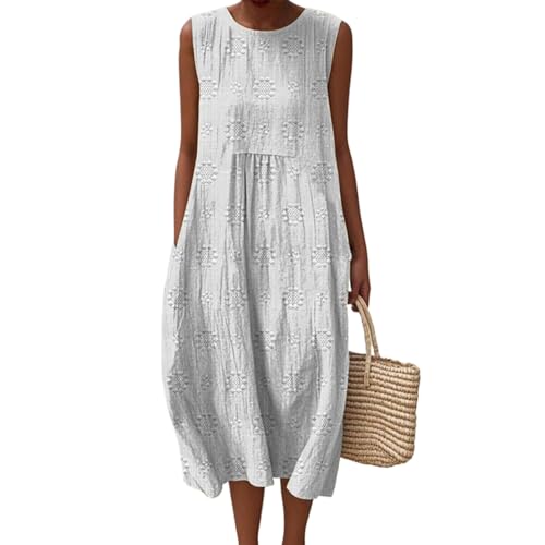Musselin Kleid Damen Leinen Sommerkleid Leicht und Luftig Knielang Strandkleid Casual Ärmellos Rundhals Leinenkleid Retro Blumendruck Leinen Midikleid Locker A-Linie Freizeitkleid mit Taschen von Mfhmom