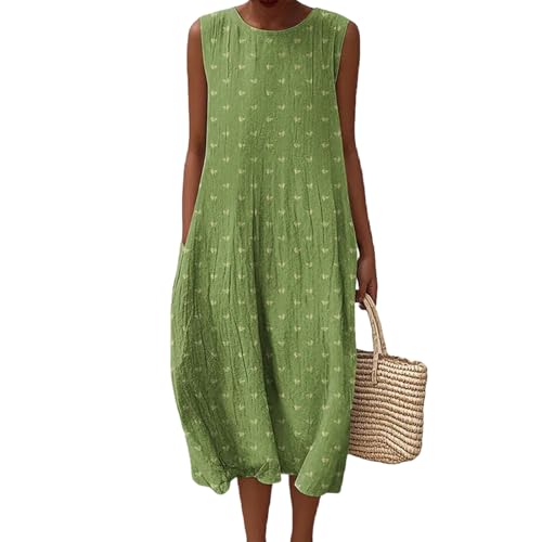Musselin Kleid Damen Leinen Sommerkleid Leicht und Luftig Knielang Strandkleid Casual Ärmellos Rundhals Leinenkleid Retro Blumendruck Leinen Midikleid Locker A-Linie Freizeitkleid mit Taschen von Mfhmom
