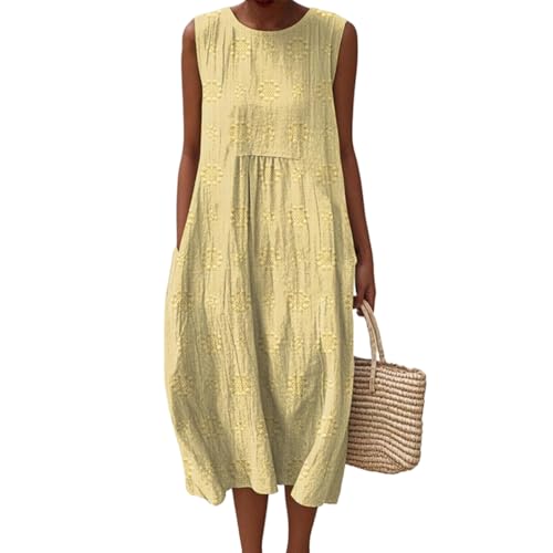 Musselin Kleid Damen Leinen Sommerkleid Leicht und Luftig Knielang Strandkleid Casual Ärmellos Rundhals Leinenkleid Retro Blumendruck Leinen Midikleid Locker A-Linie Freizeitkleid mit Taschen von Mfhmom
