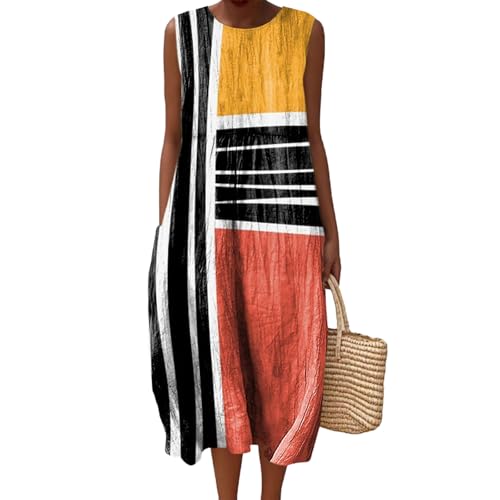 Musselin Kleid Damen Leinen Sommerkleid Leicht und Luftig Knielang Strandkleid Casual Ärmellos Rundhals Leinenkleid Retro Blumendruck Leinen Midikleid Locker A-Linie Freizeitkleid mit Taschen von Mfhmom