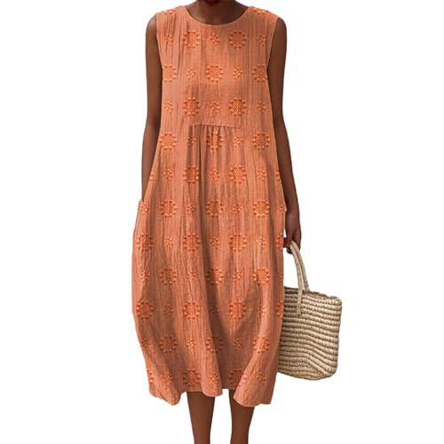 Musselin Kleid Damen Leinen Sommerkleid Leicht und Luftig Knielang Strandkleid Casual Ärmellos Rundhals Leinenkleid Retro Blumendruck Leinen Midikleid Locker A-Linie Freizeitkleid mit Taschen von Mfhmom