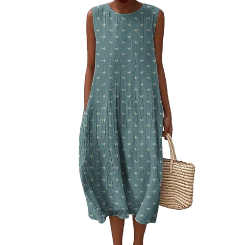 Musselin Kleid Damen Leinen Sommerkleid Leicht und Luftig Knielang Strandkleid Casual Ärmellos Rundhals Leinenkleid Retro Blumendruck Leinen Midikleid Locker A-Linie Freizeitkleid mit Taschen von Mfhmom