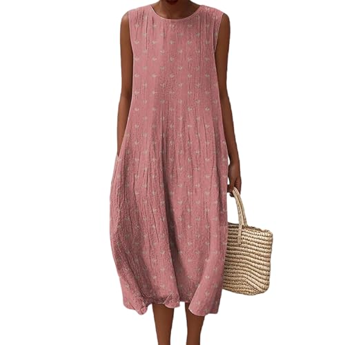 Musselin Kleid Damen Leinen Sommerkleid Leicht und Luftig Knielang Strandkleid Casual Ärmellos Rundhals Leinenkleid Retro Blumendruck Leinen Midikleid Locker A-Linie Freizeitkleid mit Taschen von Mfhmom