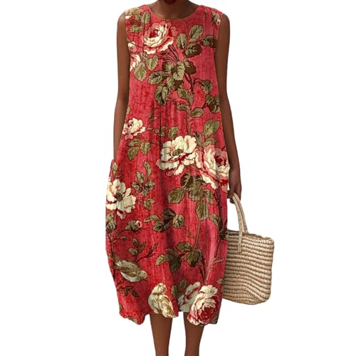 Musselin Kleid Damen Leinen Sommerkleid Leicht und Luftig Knielang Strandkleid Casual Ärmellos Rundhals Leinenkleid Retro Blumendruck Leinen Midikleid Locker A-Linie Freizeitkleid mit Taschen von Mfhmom